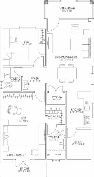 Aamoksh Retirement Homes Kodaikanal (2BHK+2T (1,078 sq ft) + Pooja Room 1078 sq ft)