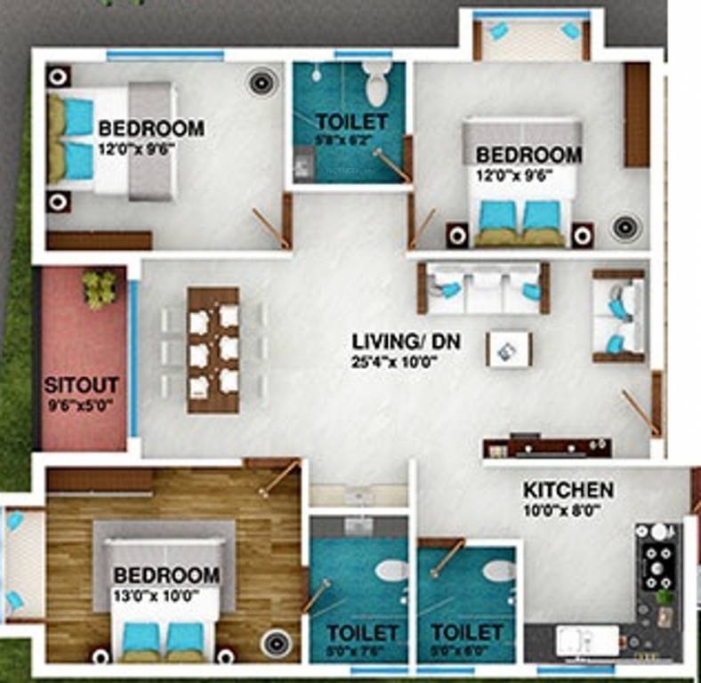 Triguna Palm Grove (3BHK+3T (1,259 sq ft) 1259 sq ft)