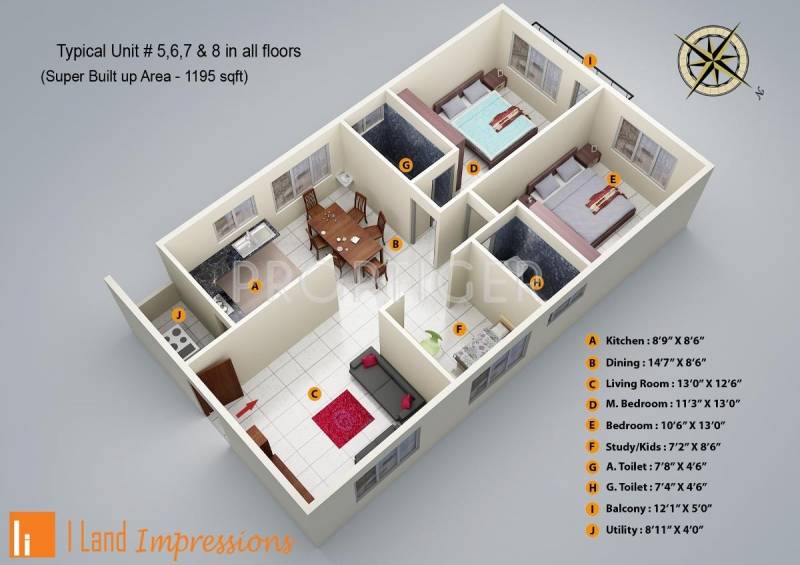 I Land Impressions (2BHK+2T (1,195 sq ft)   Study Room 1195 sq ft)