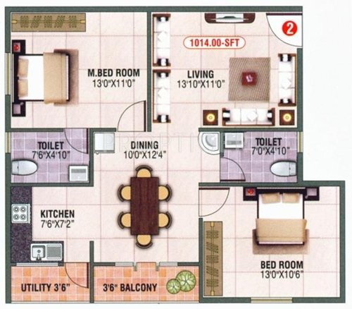 Blue Stone Royal (2BHK+2T (1,014 sq ft) 1014 sq ft)