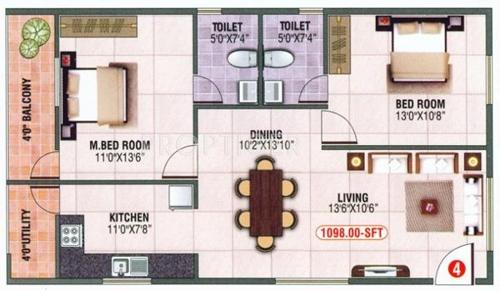 Blue Stone Royal (2BHK+2T (1,098 sq ft) 1098 sq ft)