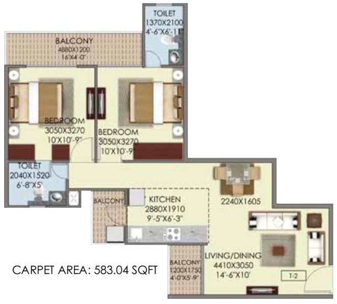 Signature The Serenas (2BHK+2T (583 sq ft) 583 sq ft)