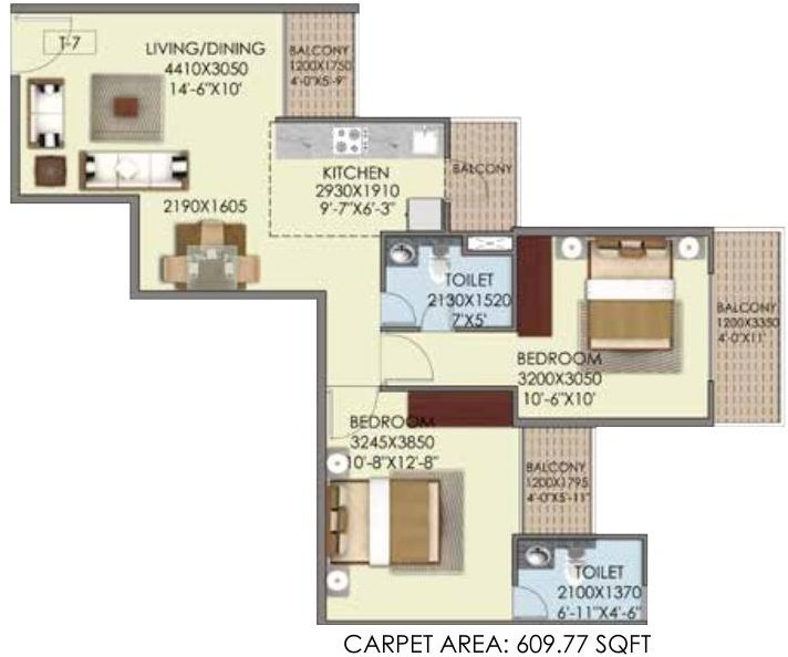Signature The Serenas (2BHK+2T (609.77 sq ft) 609.77 sq ft)
