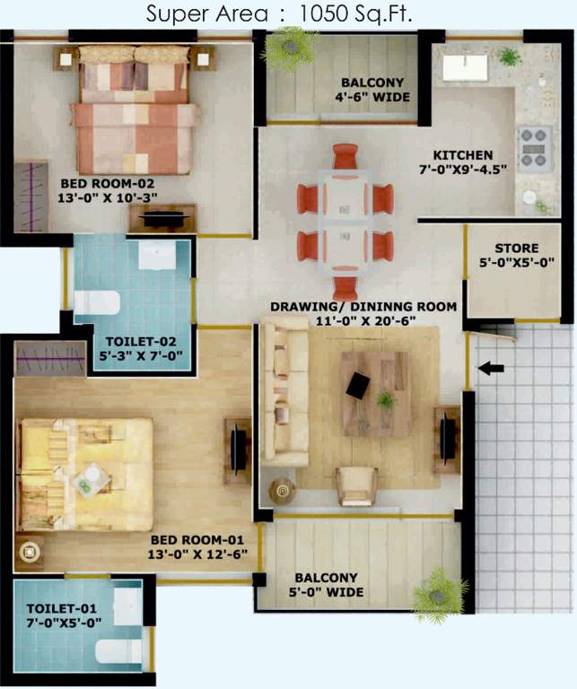 Omni Amayra Greens 2 (2BHK+2T (1,050 sq ft) 1050 sq ft)