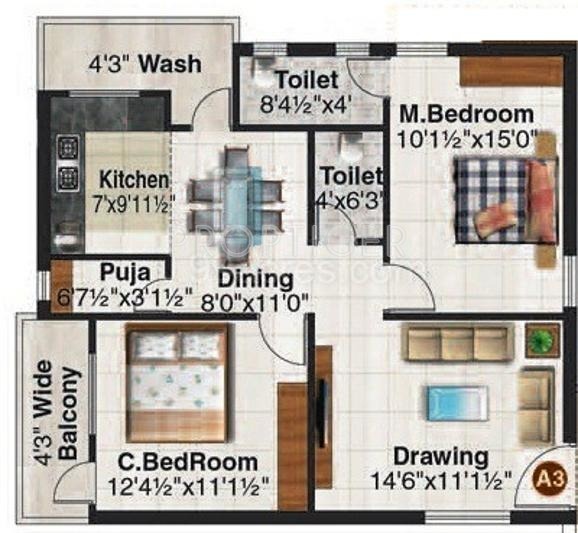 Crown Signature (2BHK+2T (1,140 sq ft)   Pooja Room 1140 sq ft)