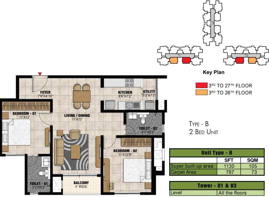Prestige Park Square (2BHK+2T (1,130 sq ft) 1130 sq ft)