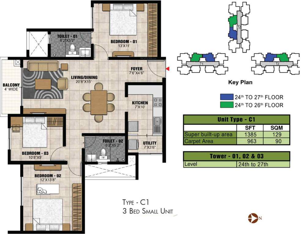 Prestige Park Square (3BHK+2T (1,385 sq ft) 1385 sq ft)