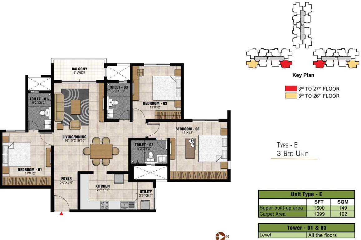 Prestige Park Square (3BHK+3T (1,600 sq ft) 1600 sq ft)