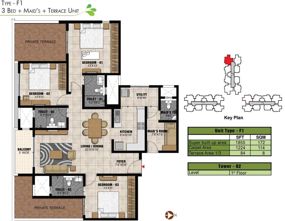 Prestige Park Square (3BHK+3T (1,855. sq ft) + Servant Room 1855 sq ft)