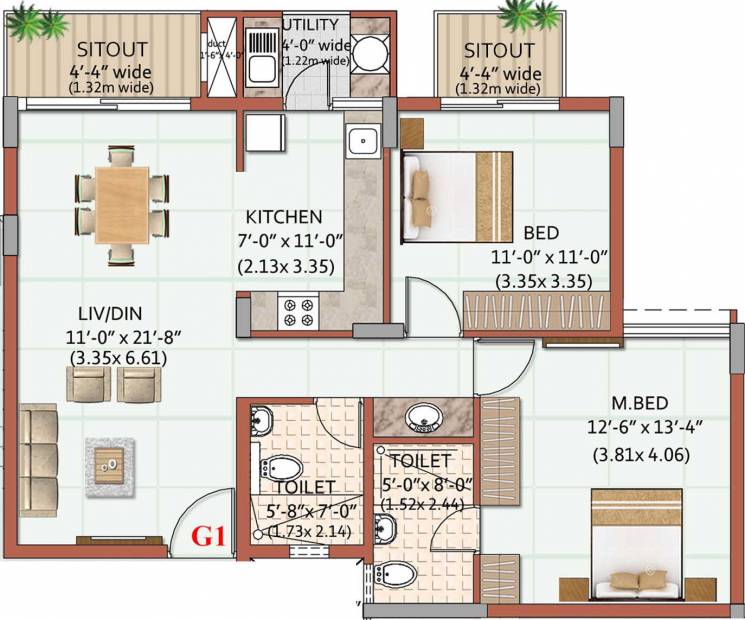 Ahad Excellencia (2BHK+2T (1,145 sq ft) 1145 sq ft)