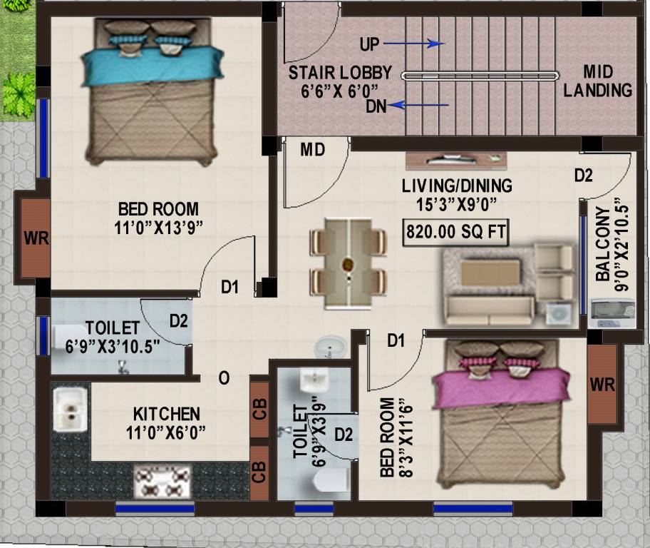Bharathi Sukrta (2BHK+2T (820 sq ft) 820 sq ft)