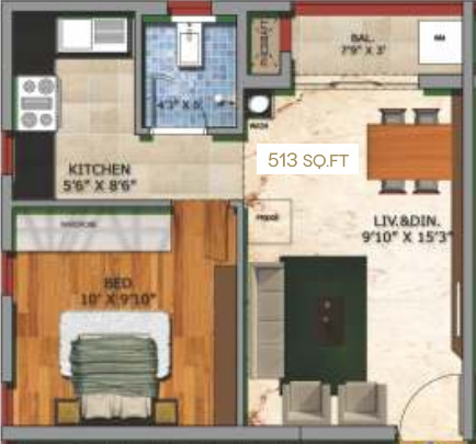 Diamond Vyoma (1BHK+1T (513 sq ft) 513 sq ft)