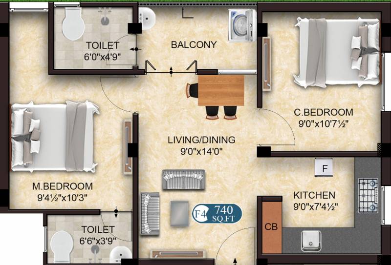 The Nest Fortune (2BHK+2T (740 sq ft) 740 sq ft)