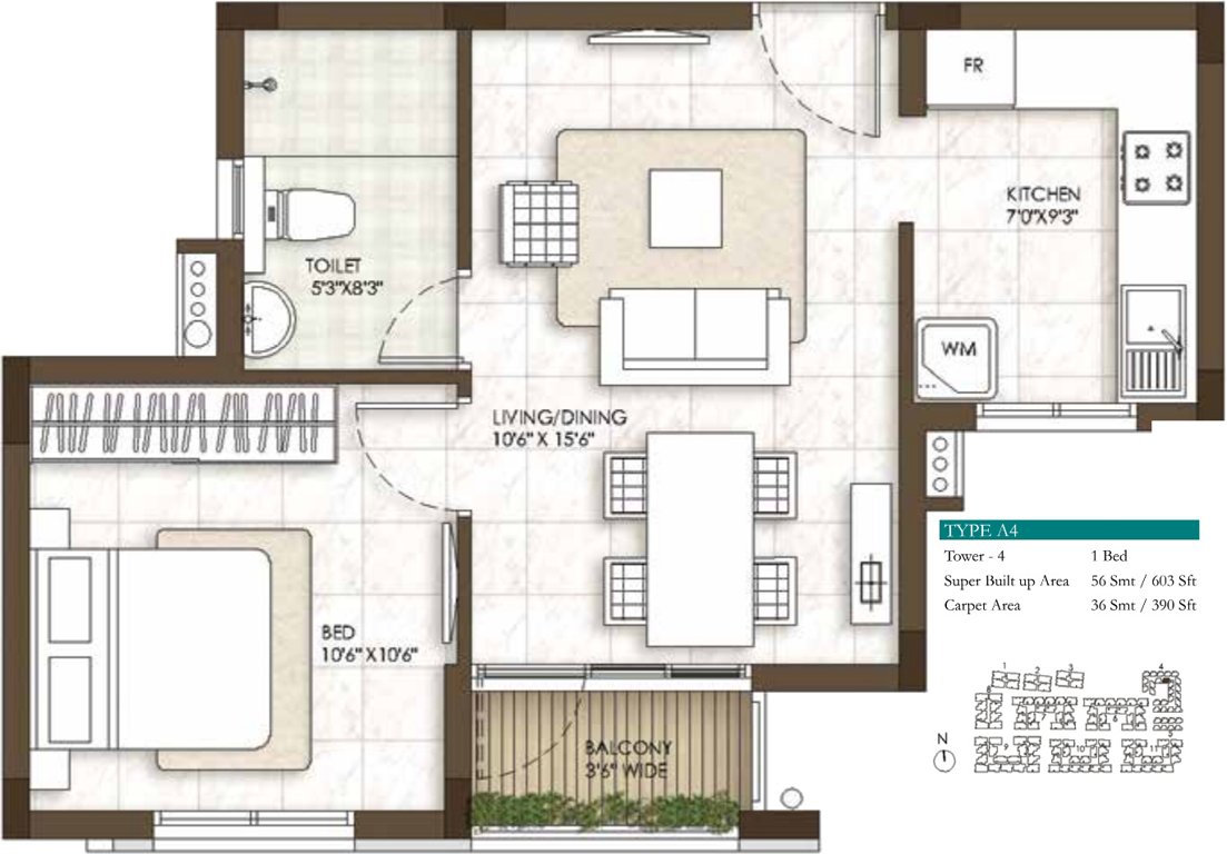 Prestige Courtyards (1BHK+1T (603 sq ft) 603 sq ft)