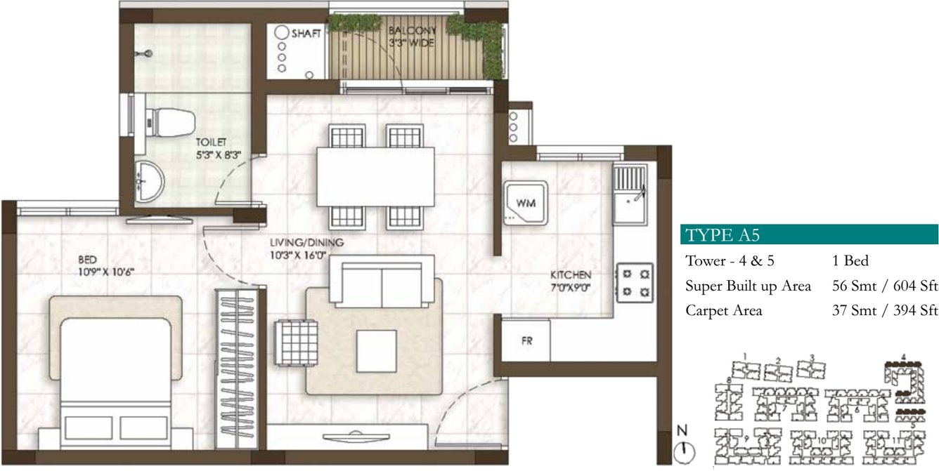 Prestige Courtyards (1BHK+1T (604 sq ft) 604 sq ft)
