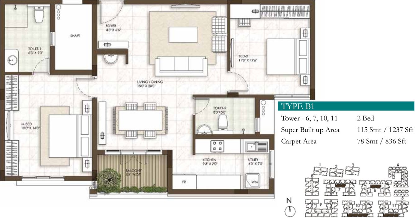 Prestige Courtyards (2BHK+2T (1,237 sq ft) 1237 sq ft)