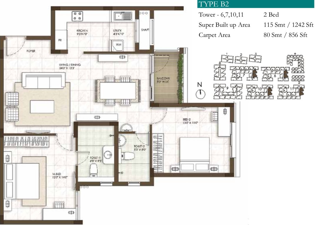 Prestige Courtyards (2BHK+2T (1,242 sq ft) 1242 sq ft)
