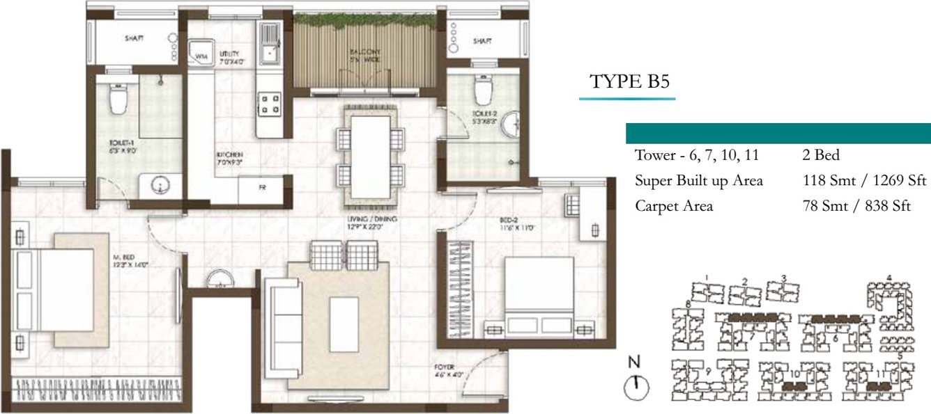 Prestige Courtyards (2BHK+2T (1,269 sq ft) 1269 sq ft)