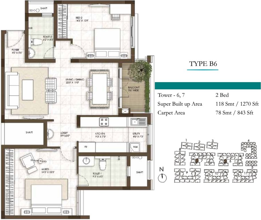 Prestige Courtyards (2BHK+2T (1,270 sq ft) 1270 sq ft)