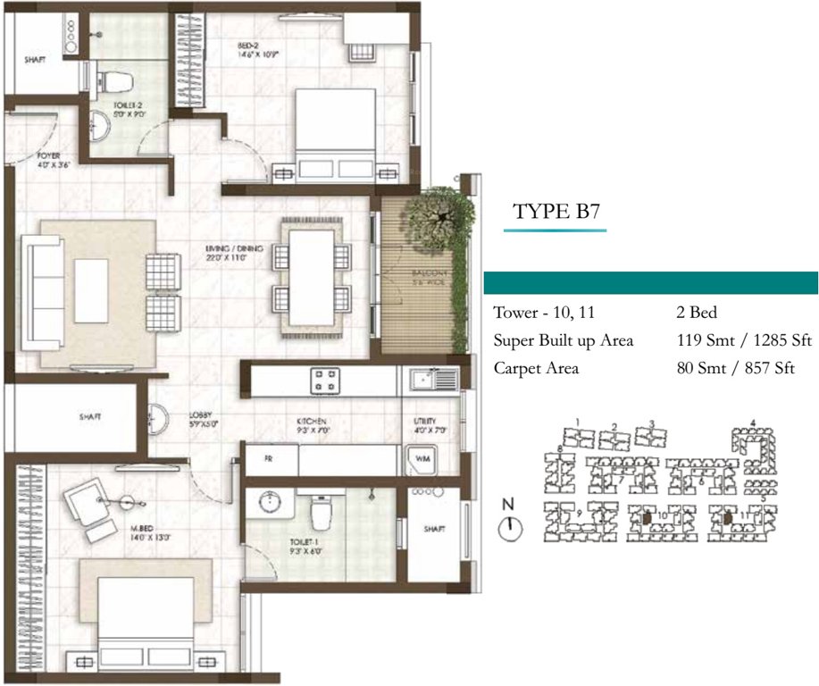 Prestige Courtyards (2BHK+2T (1,285 sq ft) 1285 sq ft)