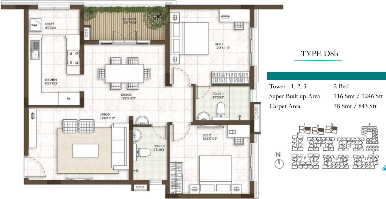 Prestige Courtyards (2BHK+2T (1,246 sq ft) 1246 sq ft)