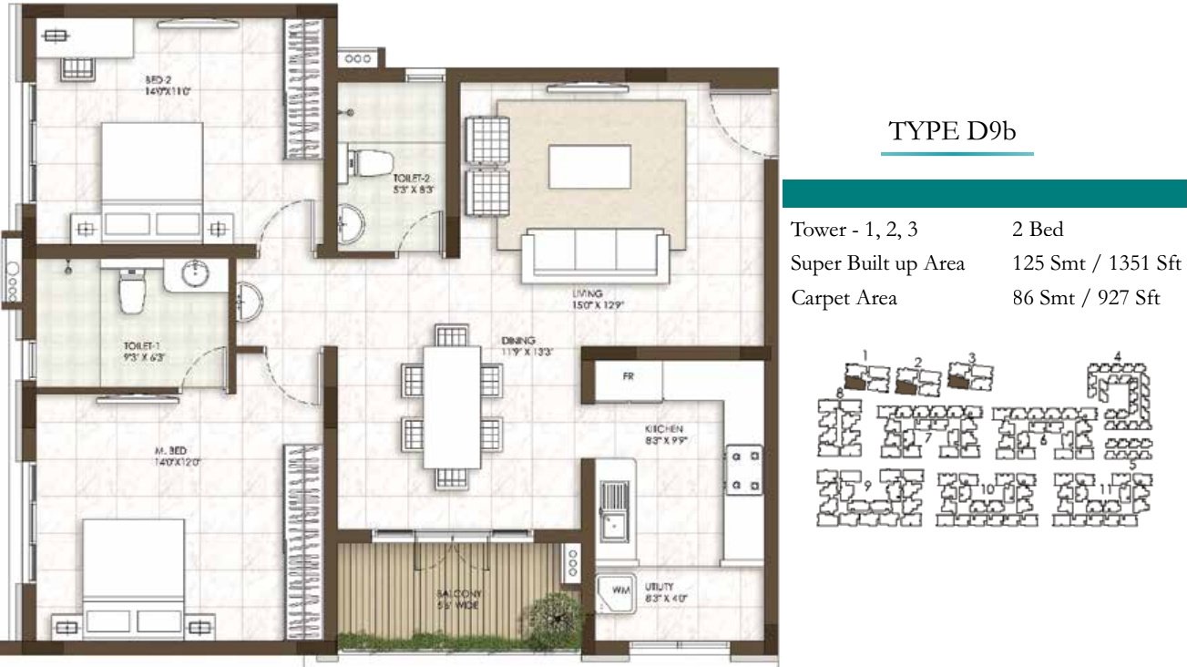 Prestige Courtyards (2BHK+2T (1,351 sq ft) 1351 sq ft)