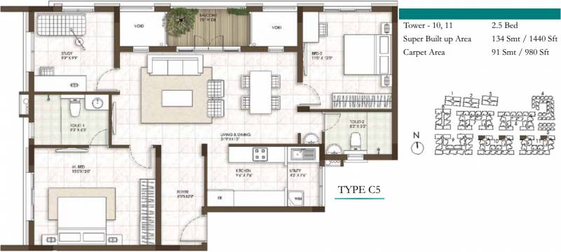 Prestige Courtyards (2BHK+2T (1,440 sq ft) 1440 sq ft)