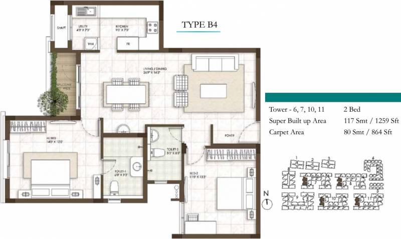 Prestige Courtyards (2BHK+2T (1,259 sq ft) 1259 sq ft)