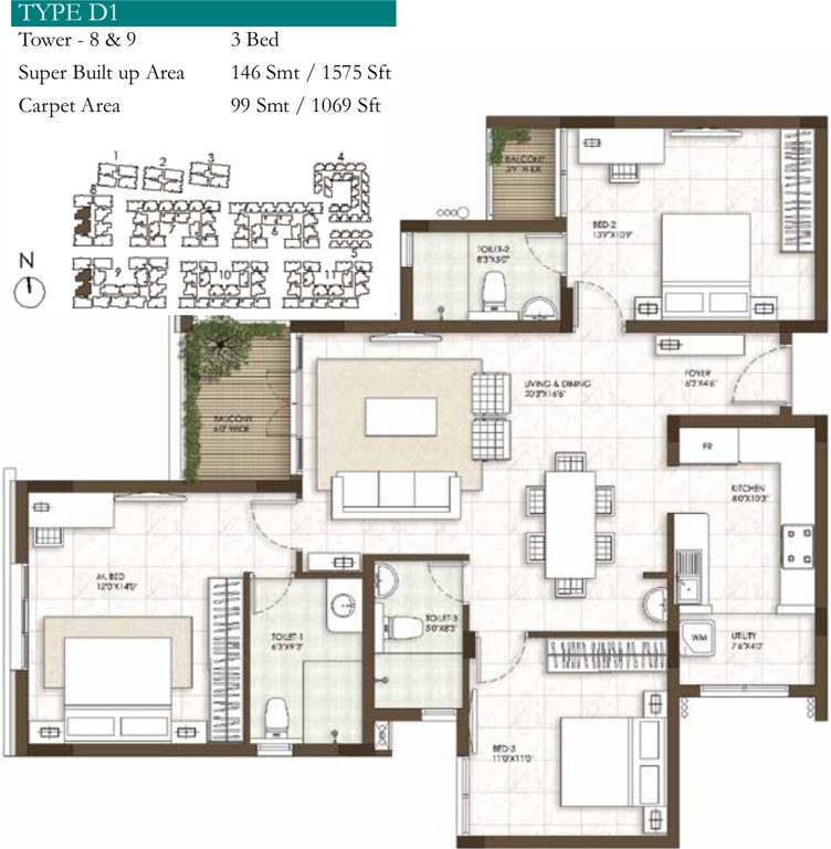 Prestige Courtyards (3BHK+3T (1,575 sq ft) 1575 sq ft)
