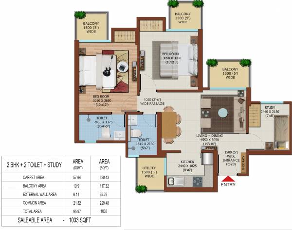Ajnara Olive Greens (2BHK+2T (1,033 sq ft) + Study Room 1033 sq ft)
