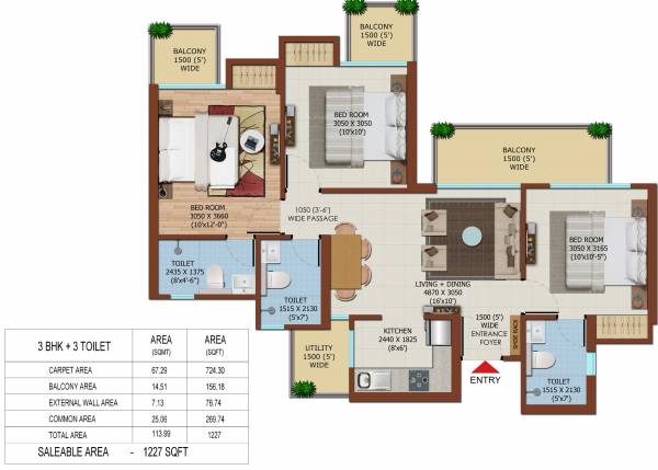 Ajnara Olive Greens (3BHK+3T (1,227 sq ft) 1227 sq ft)