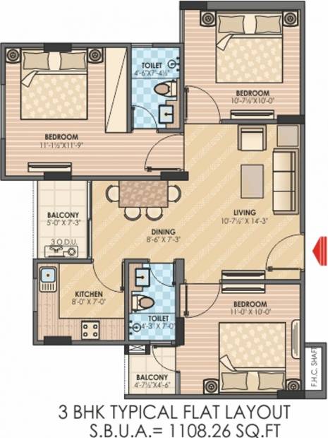 Anukampa Sky Lounges (3BHK+2T (1,108 sq ft) 1108 sq ft)