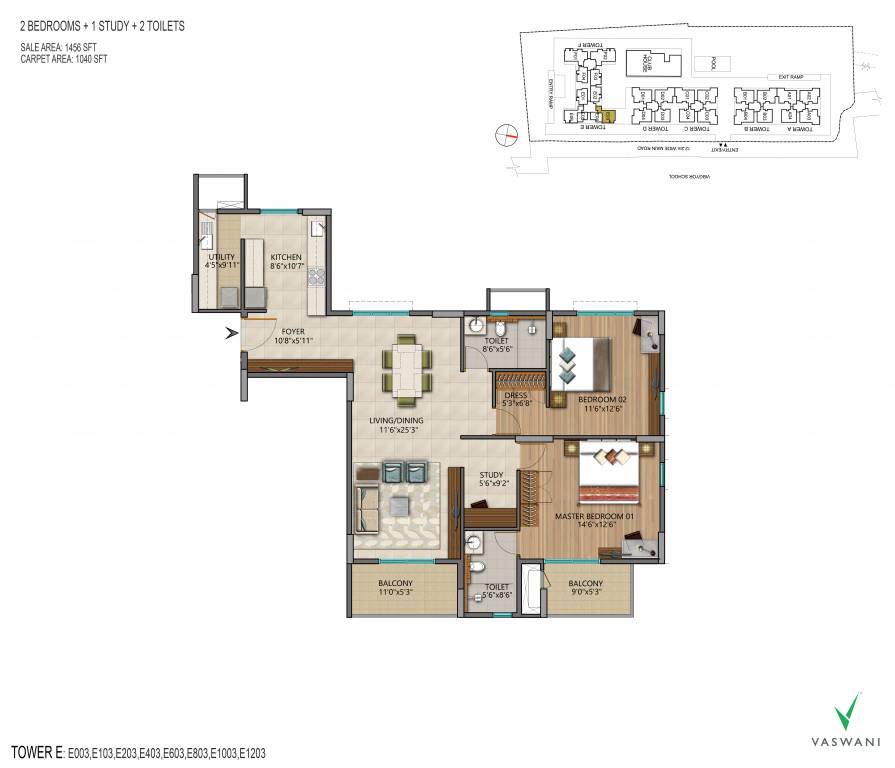 Vaswani Menlo Park (2BHK+2T (1,456 sq ft) + Study Room 1456 sq ft)