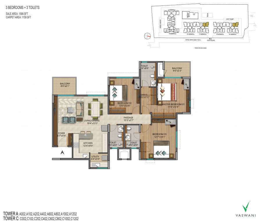 Vaswani Menlo Park (3BHK+3T (1,599 sq ft) 1599 sq ft)