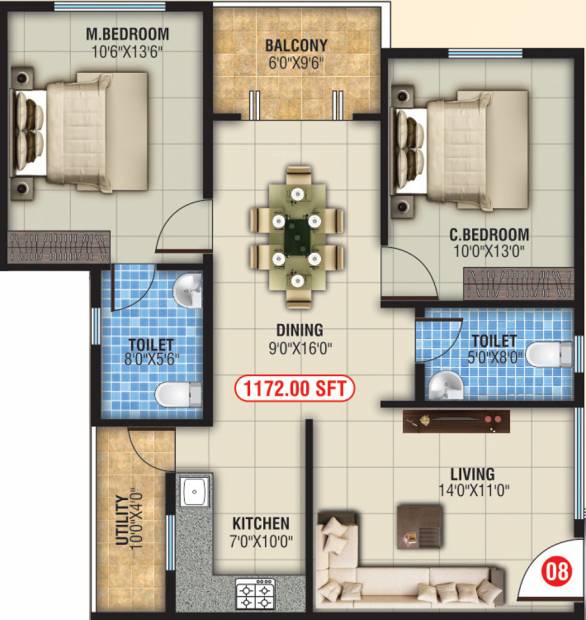  GK Residency (2BHK+2T (1,172 sq ft) 1172 sq ft)