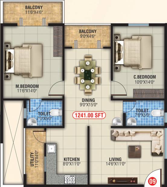 GK Residency (2BHK+2T (1,241 sq ft) 1241 sq ft)