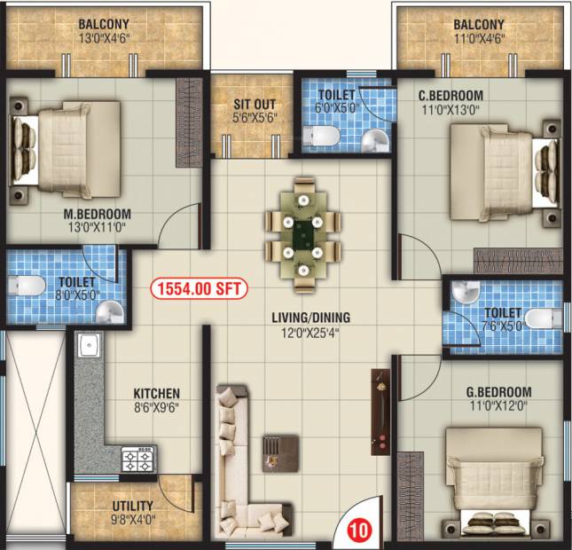  GK Residency (3BHK+3T (1,554 sq ft) 1554 sq ft)