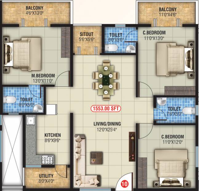  GK Residency (3BHK+3T (1,553 sq ft) 1553 sq ft)