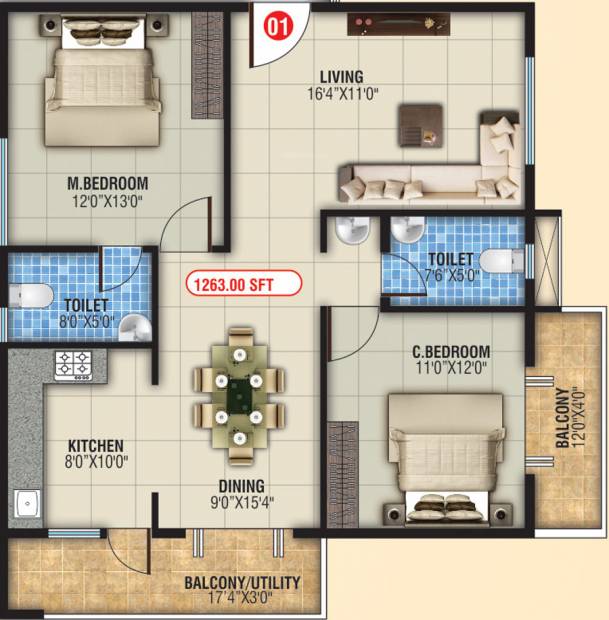  GK Residency (2BHK+2T (1,263 sq ft) 1263 sq ft)