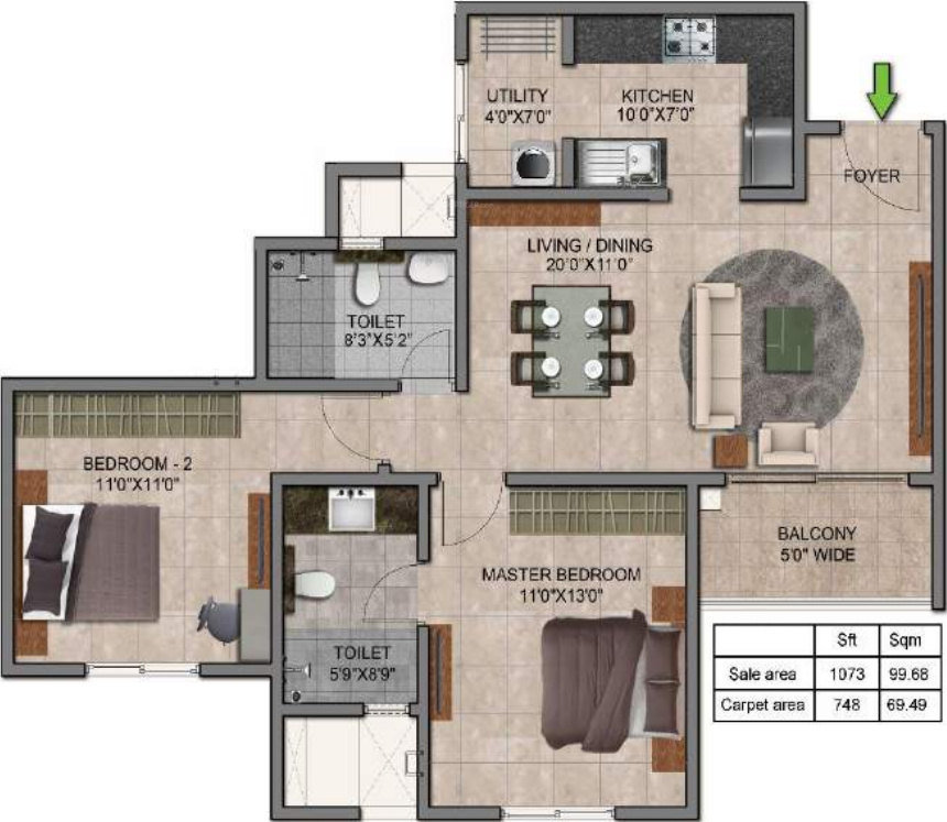 Prestige Jindal City (2BHK+2T (1,073 sq ft) 1073 sq ft)
