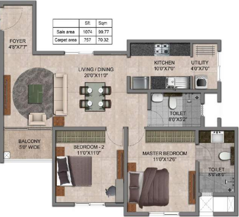 Prestige Jindal City (2BHK+2T (1,074 sq ft) 1074 sq ft)