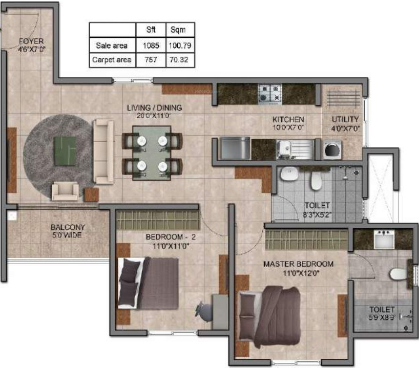 Prestige Jindal City (2BHK+2T (1,085 sq ft) 1085 sq ft)