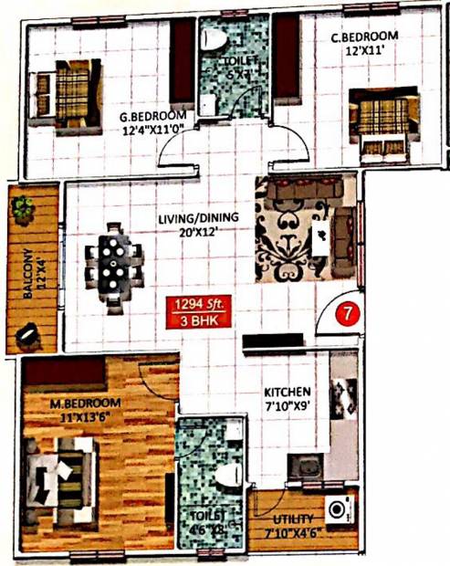 Star Sree Sai Heritage (3BHK+2T (1,294 sq ft) 1294 sq ft)