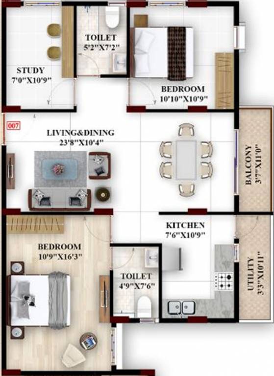 Keerthi Splendour (2BHK+2T (1,209 sq ft) + Study Room 1209 sq ft)