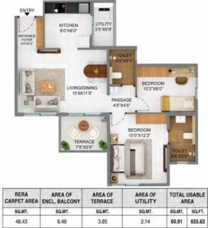 966 sq ft 2 BHK Floor Plan Image - Chola Builders Srinivasa Available for  sale 