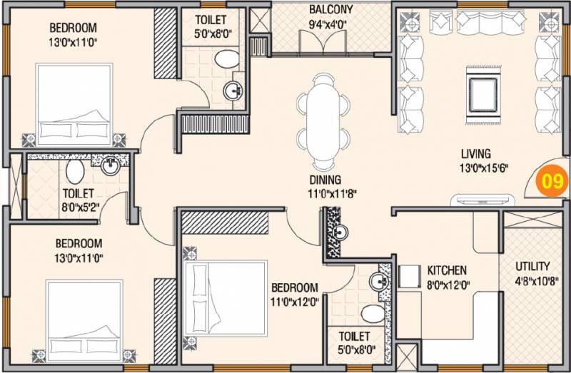 RM Preethi Woods (3BHK+3T (1,525 sq ft) 1525 sq ft)