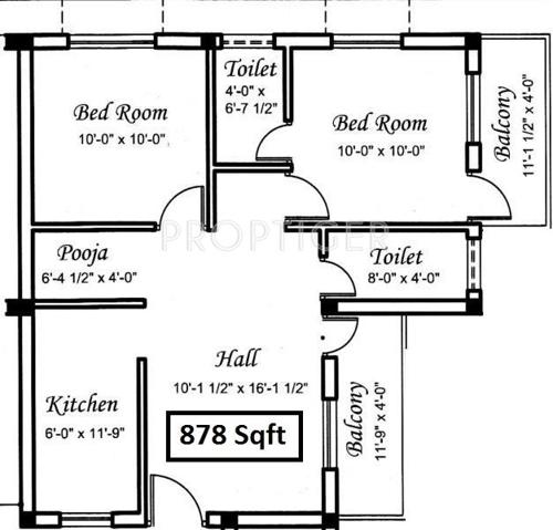 Square Lake view apartment (2BHK+2T (878 sq ft)   Pooja Room 878 sq ft)