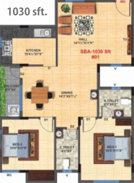 NSR Breeze (2BHK+2T (1,030 sq ft) 1030 sq ft)