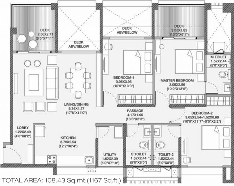 886 sq ft 3 BHK Floor Plan Image Godrej Properties