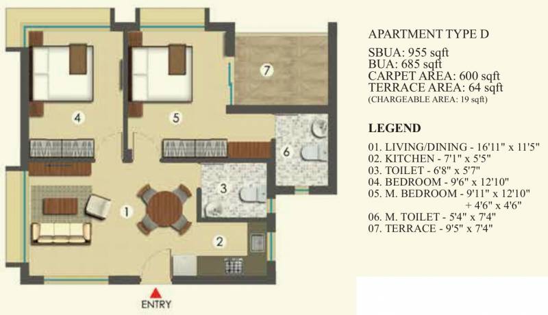 Hiland Bonochhaya Apartment (2BHK+2T (955 sq ft) 955 sq ft)
